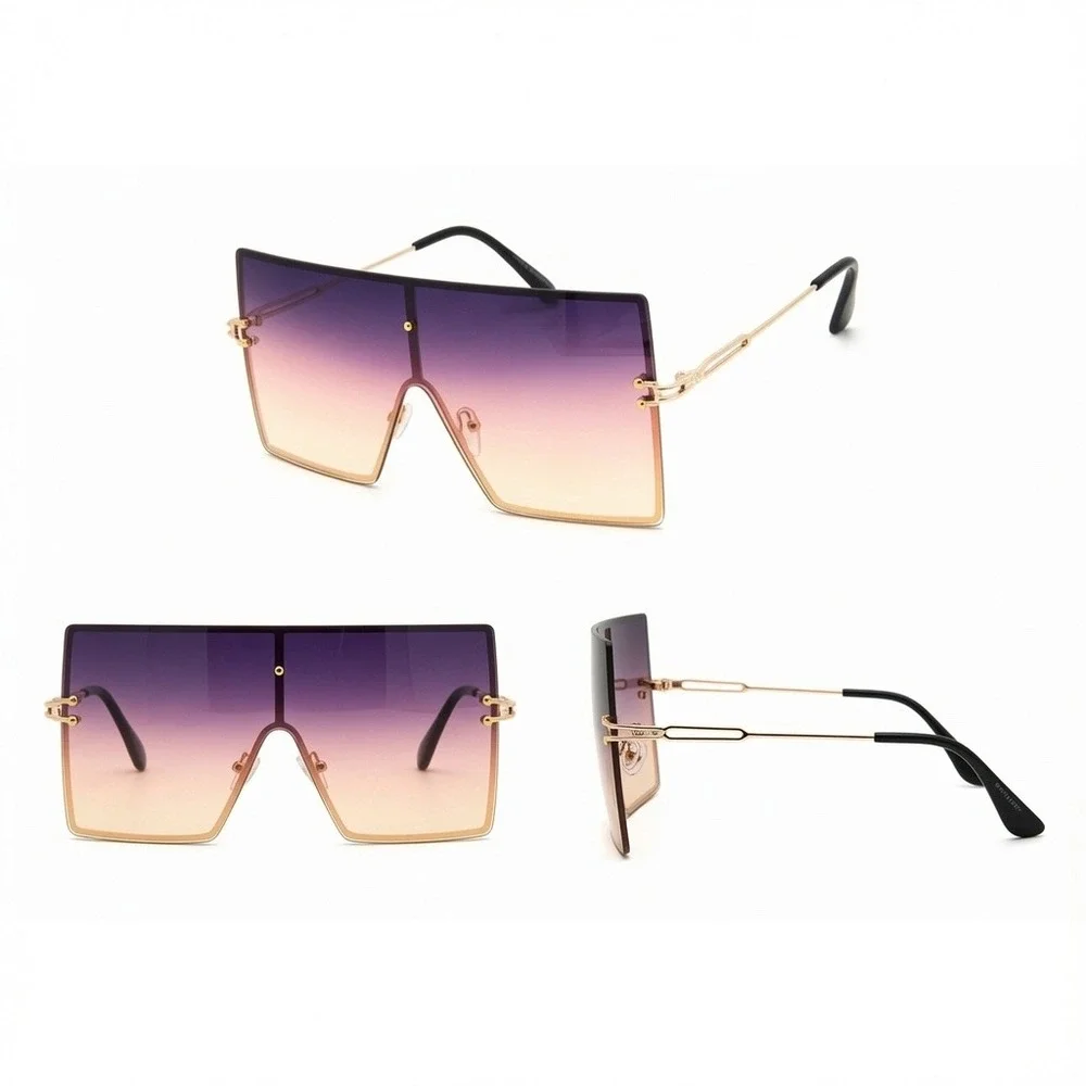 Women Elegant Violet Tinted Geometric Shield Eyewear Boasting Sleek Golden Frame